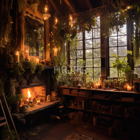 High Resolution: Dim moss covered wooden room with hanging plants roaring fireplace candles and potted greenery on shelves beneath large grid windows download. | HRJPG.com