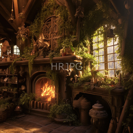 High Resolution: Rustic wooden cottage interior with walls and mantel covered in greenery ornate stone hearth intricate carvings and sunlight through vine clad window download. | HRJPG.com