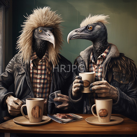 High Resolution: Two anthropomorphic birds with avian heads wear leather jackets plaid shirts and fluffy ruffs sip coffee from mugs at wooden table download. | HRJPG.com
