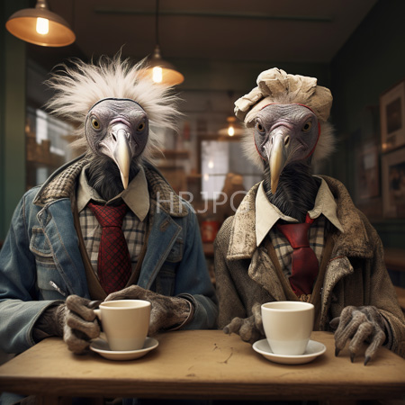 High Resolution: Two anthropomorphic birds with white mohawk feathers wear denim jackets plaid shirts red ties and hold coffee cups with gray facial feathers download. | HRJPG.com