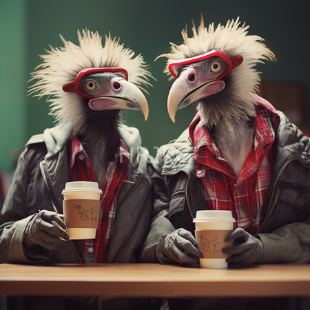 High Resolution: Two bird like creatures with spiky white feathers red goggles green jackets plaid shirts grey skin and brown paper sleeves hold coffee download. | HRJPG.com
