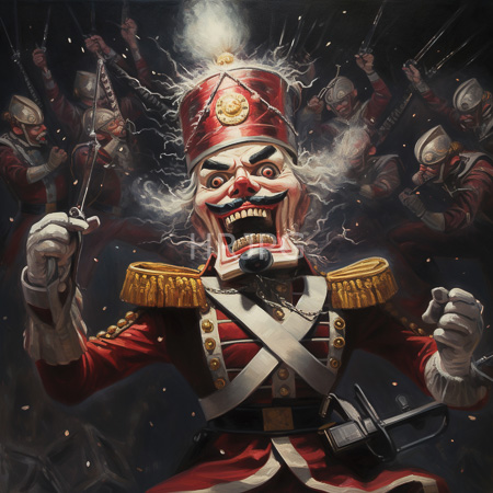 High Resolution: Enraged white haired military officer in red uniform with gold epaulettes glows with fury while holding bayonets amid loyal soldiers download. | HRJPG.com
