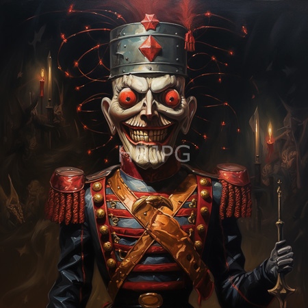 High Resolution: Grinning skeleton in military garb with red eyes glowing aura metallic feathered helmet holds candles amid shadowy figures in darkness download. | HRJPG.com