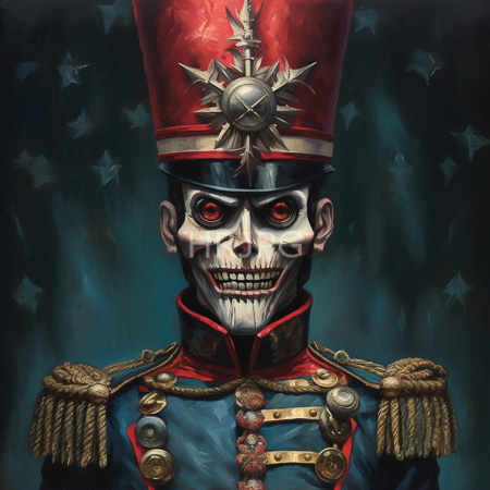 High Resolution: Skeletal military figure with crimson spiked hat red eyes gold buttons and starry teal backdrop exudes eerie formal authority download. | HRJPG.com