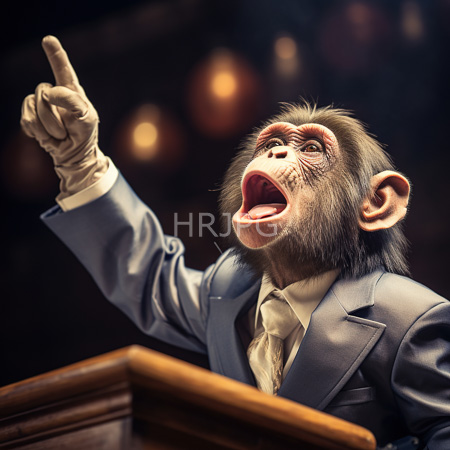 High Resolution: Anthropomorphic monkey in blue suit white tie gestures passionately while speaking under blurred indoor lighting with expressive open mouth download. | HRJPG.com