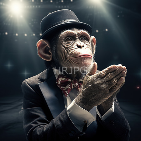 High Resolution: Anthropomorphic chimpanzee in formal black top hat bow tie and suit clasps hands respectfully under soft ambient illumination download. | HRJPG.com