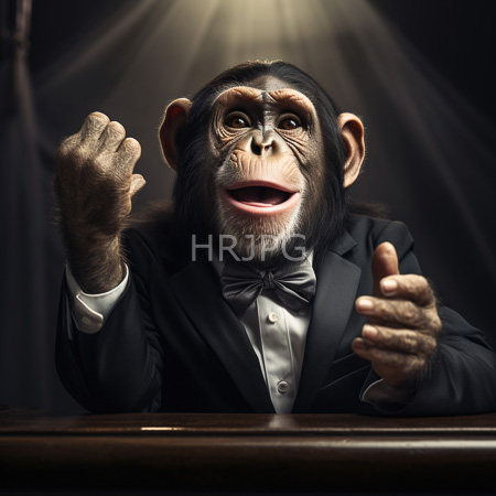 High Resolution: Chimpanzee in tuxedo stands behind table under spotlight raises hand with surprised excited expression against dark backdrop download. | HRJPG.com