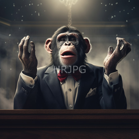 High Resolution: Chimpanzee in black suit red bow tie speaks expressively behind podium under spotlight with faint sparkles in misty background download. | HRJPG.com