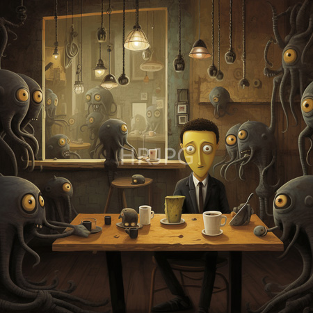 High Resolution: Anxious yellow skinned man in black suit sits at cafe table surrounded by eerie gray octopus creatures under hanging lamps download. | HRJPG.com