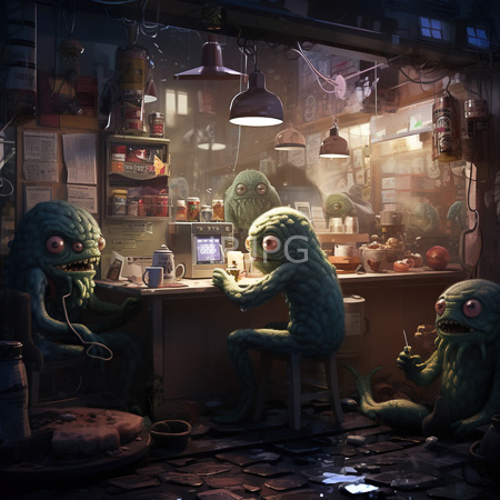 High Resolution: Four green tentacled monsters with large red eyes occupy old kitchen at night around cluttered tables under hanging lamps download. | HRJPG.com