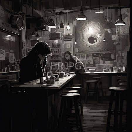 High Resolution: Two people sit at separate bars in dim old cafe one on phone other reading under hanging lamps in monochrome style download. | HRJPG.com