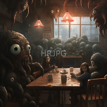 High Resolution: Two girls sit at table in eerie room surrounded by large eyed sea monsters teapots casting shadows through window in surreal glow download. | HRJPG.com