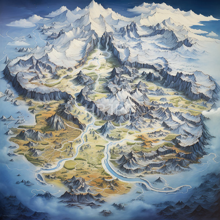 High Resolution: Mountainous terrain with snow capped peaks winding rivers green grasslands and rocky patches under cloudy blue sky in detailed landscape download. | HRJPG.com