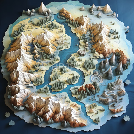 High Resolution: Three dimensional paper relief map of mountains rivers forests in brown green blue white on dark blue parchment background download. | HRJPG.com