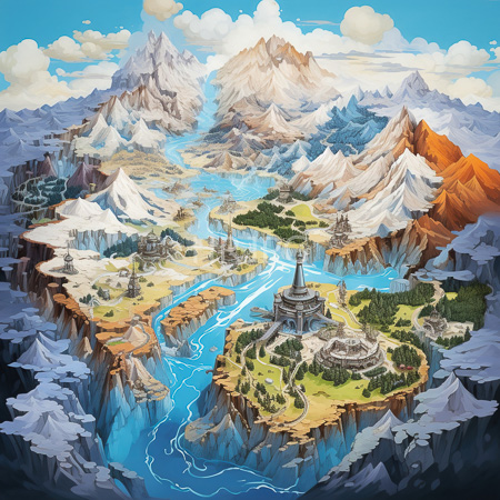 High Resolution: Fantasy landscape with snow peaks blue rivers ancient stone towers on central island lush greenery and bright skies download. | HRJPG.com