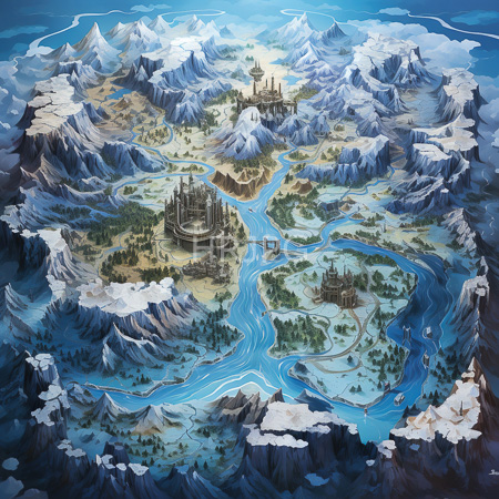High Resolution: Snow capped mountains blue rivers and three grand medieval castles dot lush valleys under sunny sky with fluffy clouds download. | HRJPG.com