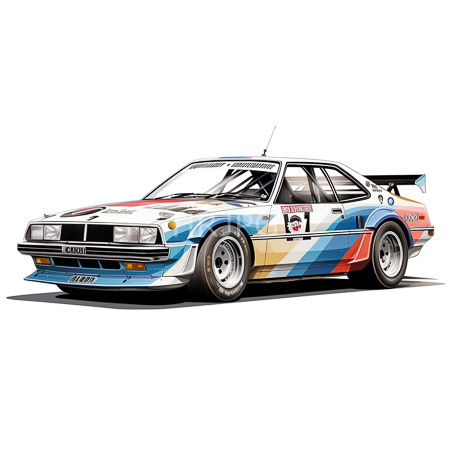 High Resolution: Aerodynamic vintage racing car with blue red geometric patterns white body large spoiler chrome wheels and RAC badge download. | HRJPG.com