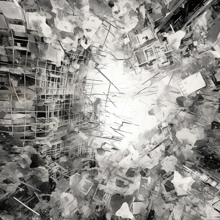 High Resolution: Abstract grayscale painting with overlapping geometric shapes radiating from bright central light dense angular forms and varied textures download. | HRJPG.com
