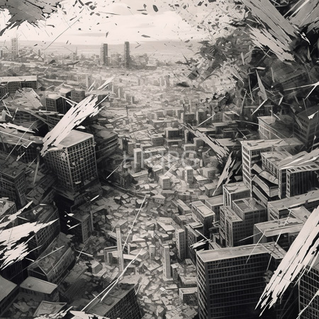 High Resolution: Aerial view of ruined cityscape with shattered skyscrapers debris in streets and jagged fragments flying upward under overcast sky creating chaotic motion download. | HRJPG.com