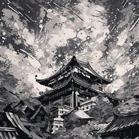 High Resolution: Ancient Japanese pagoda with intricate roof details stands against dynamic sky of abstract light and dark splashes resembling rain or clouds surrounded by traditional smaller buildings download. | HRJPG.com