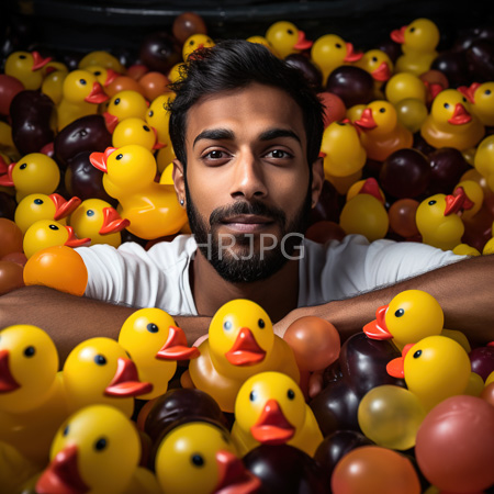 High Resolution: Indian man with dark hair beard and mustache lies in sea of colorful rubber ducks wearing white shirt arms resting on pile gazing calmly download. | HRJPG.com