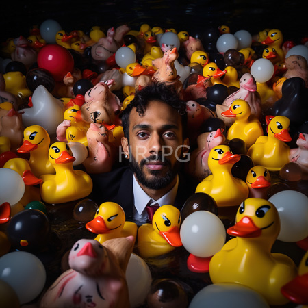 High Resolution: Indian man in black suit white shirt red tie surrounded by yellow rubber ducks in water filled tub at night ducks varying in warm tones download. | HRJPG.com