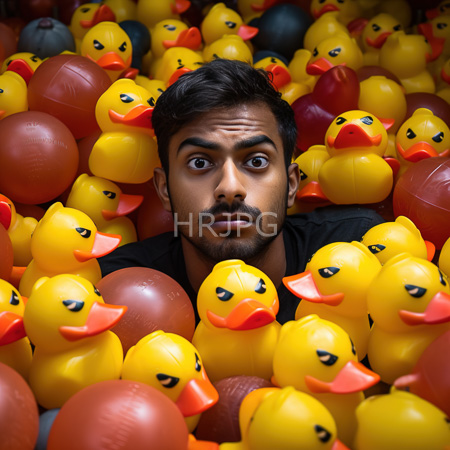 High Resolution: Indian man with dark hair and beard in black shirt wide eyed amid chaos of numerous yellow rubber ducks expressing surprise or shock download. | HRJPG.com