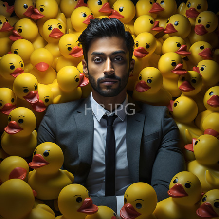 High Resolution: Attractive dark haired man in gray suit white shirt black tie stands amidst bright yellow rubber ducks filling background in dim lighting download. | HRJPG.com
