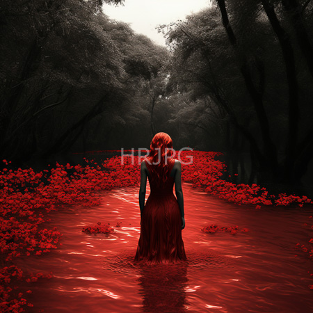 High Resolution: Woman with long red hair in flowing dark red dress stands in water filled forest path covered in crimson flowers trees forming eerie tunnel under overcast sky download. | HRJPG.com