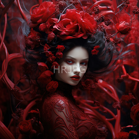 High Resolution: Ethereal pale woman with red lips dark hair adorned in vibrant roses wears intricate lace clothing amidst swirling rose vines on deep crimson backdrop download. | HRJPG.com