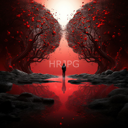High Resolution: Eerie red hued forest with twisted trees shedding crimson leaves onto rocky terrain reflective pools in foreground silhouetted figure at glowing path end download. | HRJPG.com