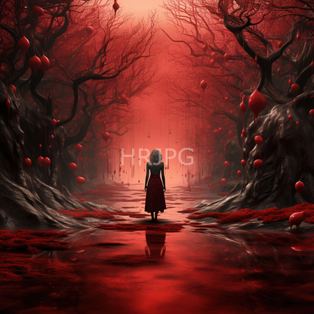High Resolution: Red toned forest path with leafless trees floating apples lone figure in dark clothing walks away from center glow reflection on wet ground download. | HRJPG.com