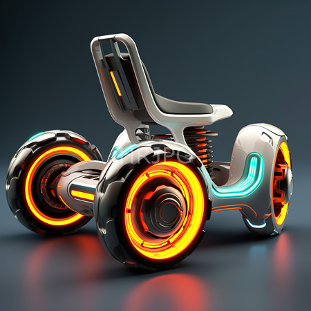 High Resolution: Futuristic neon lit electric tricycle with sleek white black design glowing orange wheels teal accents ergonomic seat against blue gray gradient download. | HRJPG.com