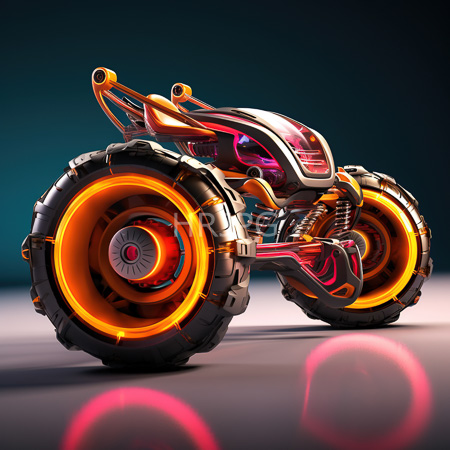 High Resolution: Highly detailed futuristic motorcycle with large orange lit wheels sleek metallic body pink neon accents on dark gradient background under soft light download. | HRJPG.com