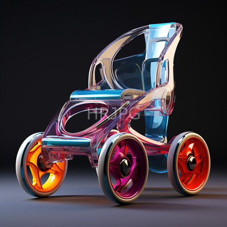 High Resolution: Futuristic transparent three wheeled vehicle with blue interior orange front wheel purple red rear wheels glossy metallic accents on gradient backdrop download. | HRJPG.com