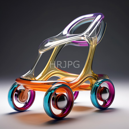 High Resolution: Abstract futuristic tricycle with metallic glass components in gold silver purple orange blue hues four colorful wheels transparent rings on gray gradient download. | HRJPG.com