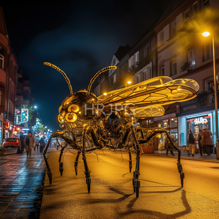 High Resolution: Illuminated metallic insect sculpture resembling fly with large eyes transparent wings on nighttime street before lit buildings yellow lampposts blue sky download. | HRJPG.com
