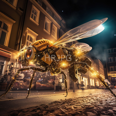 High Resolution: Intricately detailed glowing mechanical fly with transparent wings red eyes on cobblestone street before historic European buildings warm window lights download. | HRJPG.com