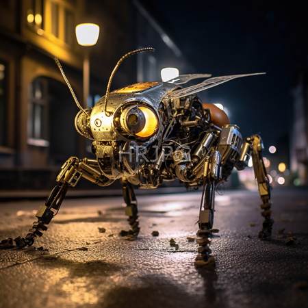 High Resolution: Crafted metallic robot fly at night on dim street blurred background lights glowing yellow eyes antennae segmented metal legs brownish red tones download. | HRJPG.com