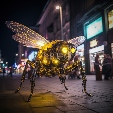 High Resolution: Illuminated metallic fly sculpture with translucent wings glowing eyes on city street blurred neon signs pedestrians under lampposts dark sky download. | HRJPG.com