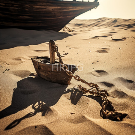 High Resolution: Old weathered wooden boat anchor with thick chains on golden sand dunes at sunset shadows creating intricate patterns in soft sandy texture download. | HRJPG.com