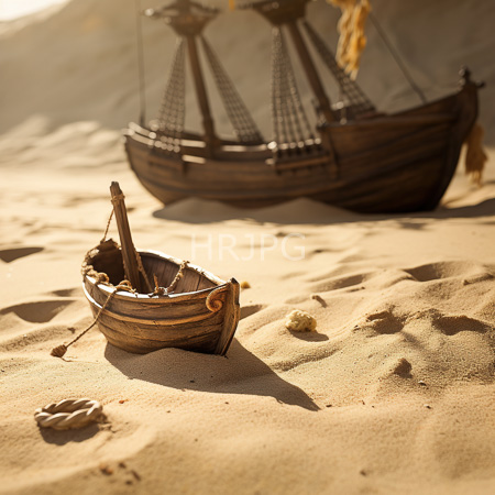 High Resolution: Aged wooden rowboat with frayed edges on golden dunes under sunlight background shows dark brown ship model with tall masts evoking ancient voyages download. | HRJPG.com