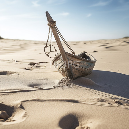 High Resolution: Old weathered wooden boat partially buried in golden sand under clear blue sky rope on mast casts shadows footprints and wind ripples visible download. | HRJPG.com