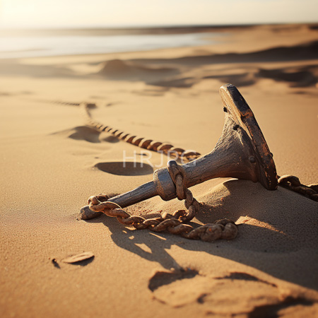 High Resolution: Old rusted iron anchor with heavy chain rests on golden beach sand at sunset casting long soft shadows across smooth grains download. | HRJPG.com