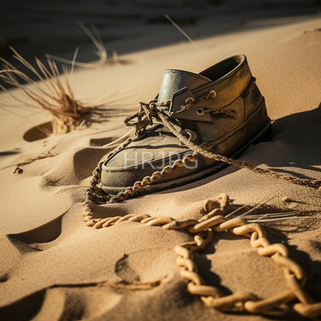 High Resolution: Weathered leather shoe with frayed laces lies alone in sunlit golden dunes surrounded by dry grass and textured sandy ripples download. | HRJPG.com