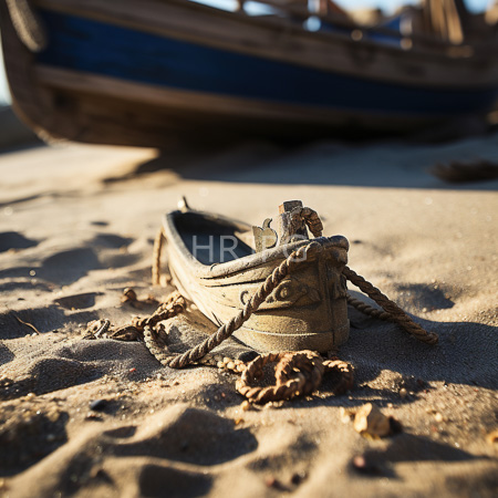 High Resolution: Worn leather shoe tied with rope sits on sandy shore sunlight highlighting grain and wood of boat fragment behind download. | HRJPG.com