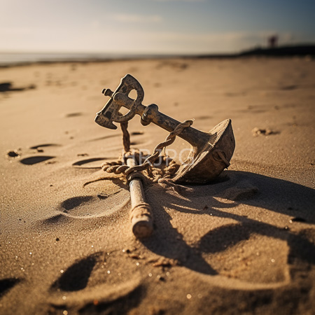 High Resolution: Rusted anchor half buried in wet golden sand at sunset shadows stretch across glistening beach surface near gentle waves download. | HRJPG.com