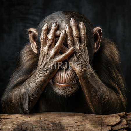 High Resolution: Elderly chimpanzee with wrinkled hands covers face in distress large ears and eyes peek through fingers on dark wooden surface download. | HRJPG.com