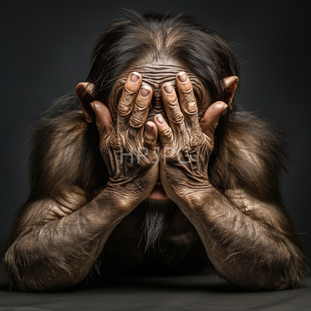 High Resolution: Elderly muscular man with long brown hair and fur like arms hides face in despair against black backdrop hands prominently displayed download. | HRJPG.com