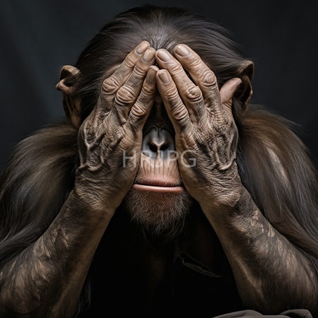 High Resolution: Elderly dark furred monkey conceals entire face with both hands expressive nose visible against black background conveying deep emotion download. | HRJPG.com